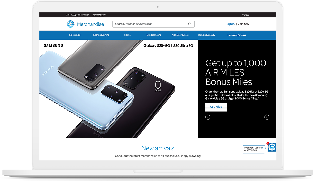 A MacBook showing a picture of the AirMiles Merchandise Site