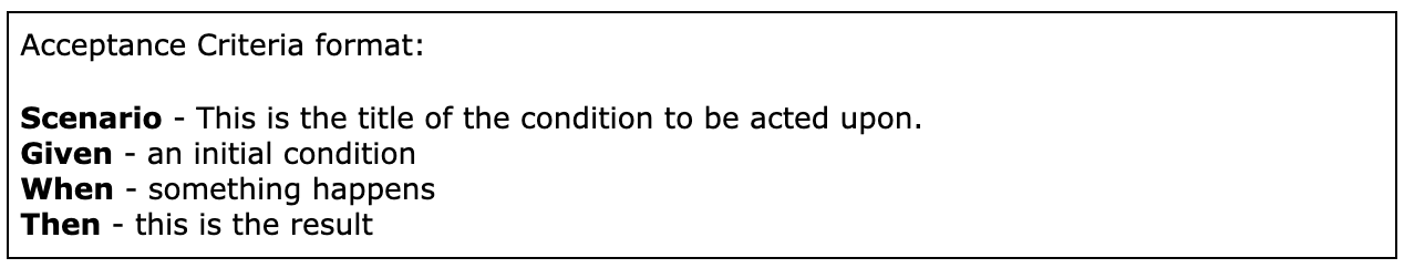 Displays Acceptance criteria format: Scenario - This is the title of the condition to be acted upon. Given - an initial condition. When - something happens. Then - this is the result.
