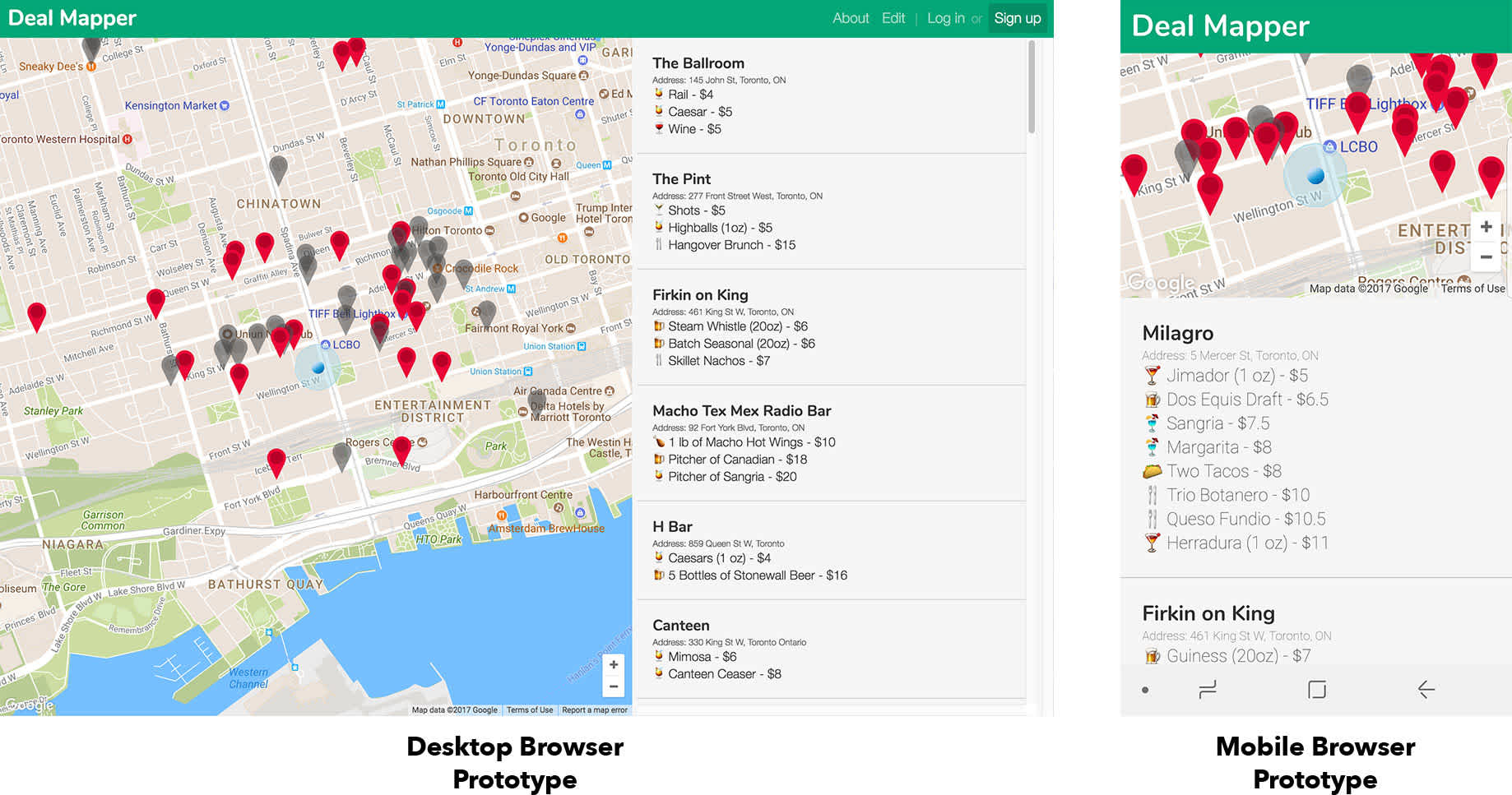 Desktop and mobile screenshots of Dealmap app